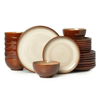 Photo of Stoneware Dinnerware Sets for 8, 24pcs Plates and Bowls Sets Dishes, Brown Yellow
