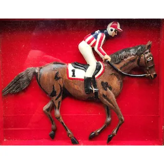 Photo of Vintage Bud Ware Racing Colours Hand Carved Horse & Jockey Shadowbox Wood Art