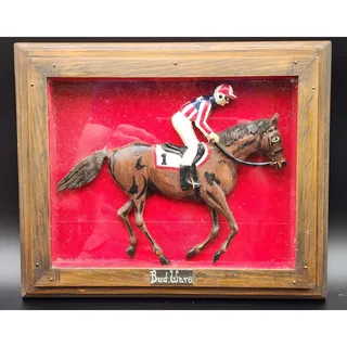 Photo of Vintage Bud Ware Racing Colours Hand Carved Horse & Jockey Shadowbox Wood Art