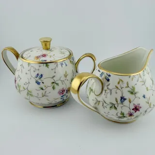 Photo of Vintage Alka Bavaria Nizza Creamer Sugar Bowl Lid Floral Gold West Germany