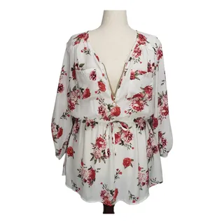 Photo of Stella Tweed White Floral Tunic Blouse 2X Plus Career Officecore Evening Wear