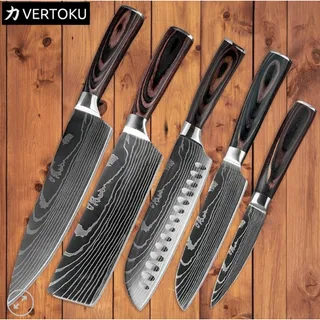 Photo of Vertoku 5 Piece Vertoku Knife Set with Blade Covers and Wood handles.