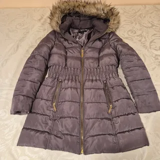 Photo of Laundry by Shelli Segal Women's L 3/4 Puffer Jacket with Cinched Waist and Faux Fur Hood