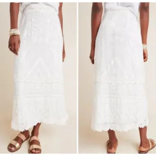 Photo of FARM Rio Anthropologie Stacie Ivory Burnout Tiered Lace Maxi Skirt S