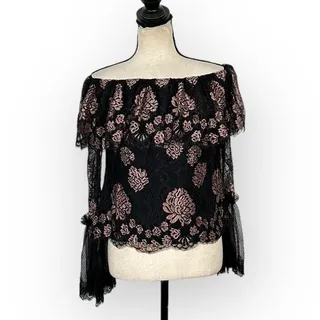 Photo of Alexis Laurena Off Shoulder Blouse Women's XS Black Pink Long Sleeve Bell Sleeve